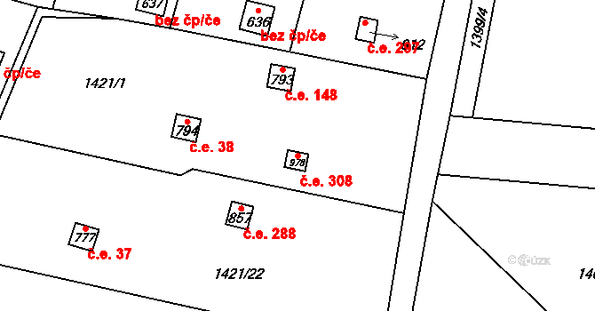 Příluky 308, Zlín na parcele st. 978 v KÚ Příluky u Zlína, Katastrální mapa