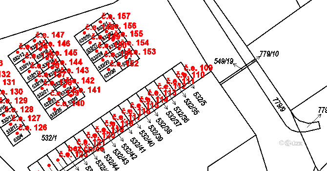 Terezín 111 na parcele st. 532/36 v KÚ Terezín, Katastrální mapa