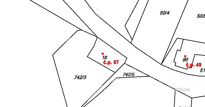 Milíkov 57 na parcele st. 16 v KÚ Milíkov u Mariánských Lázní, Katastrální mapa