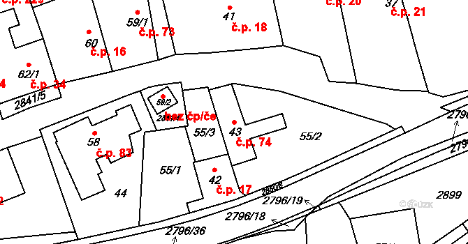 Sehradice 74 na parcele st. 43 v KÚ Sehradice, Katastrální mapa