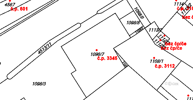 Teplice 3345 na parcele st. 1098/7 v KÚ Teplice, Katastrální mapa