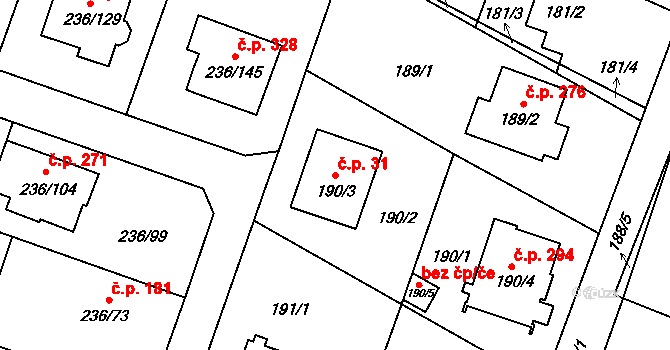 Bobrovníky 31, Hlučín na parcele st. 190/3 v KÚ Bobrovníky, Katastrální mapa