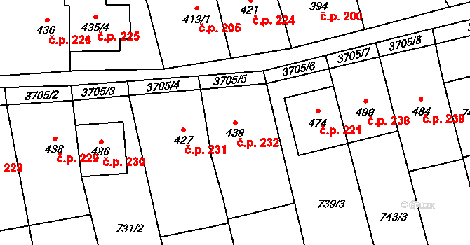 Hradčovice 232 na parcele st. 439 v KÚ Hradčovice, Katastrální mapa