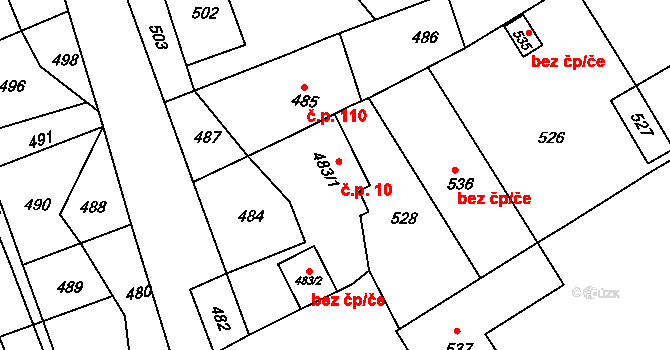 Podomí 10 na parcele st. 483/1 v KÚ Podomí, Katastrální mapa