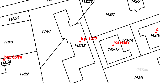 Lyžbice 1277, Třinec na parcele st. 142/18 v KÚ Lyžbice, Katastrální mapa
