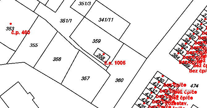 Rapotín 1005 na parcele st. 358 v KÚ Rapotín, Katastrální mapa