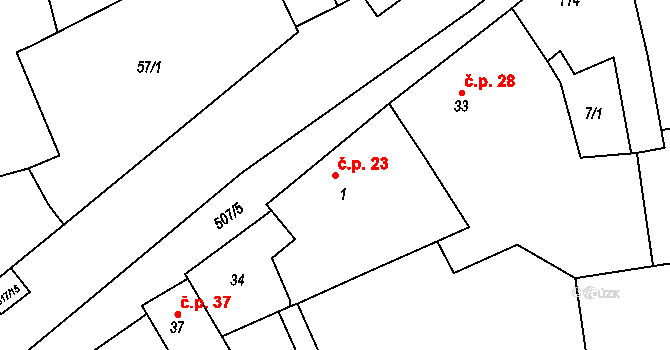 Cvrčovice 23 na parcele st. 1 v KÚ Cvrčovice, Katastrální mapa