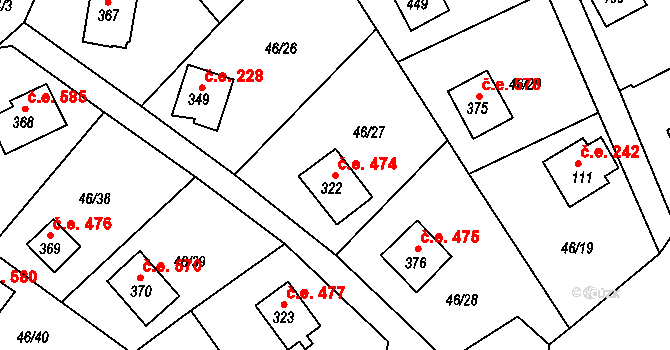 Pňovany 474 na parcele st. 322 v KÚ Dolany u Stříbra, Katastrální mapa