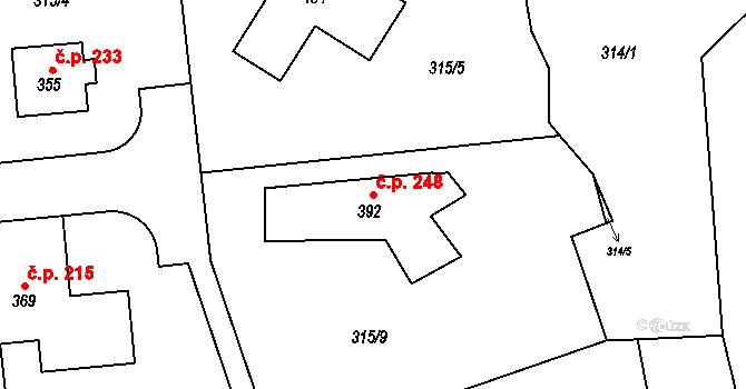 Únětice 248 na parcele st. 392 v KÚ Únětice u Prahy, Katastrální mapa