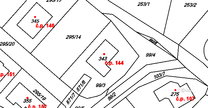 Rančířov 144 na parcele st. 343 v KÚ Rančířov, Katastrální mapa