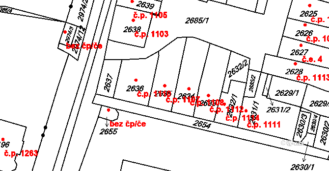 Mohelnice 1107 na parcele st. 2635 v KÚ Mohelnice, Katastrální mapa