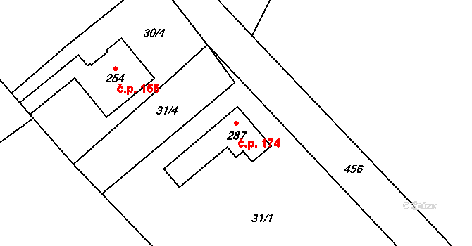Kožušany 174, Kožušany-Tážaly na parcele st. 287 v KÚ Kožušany, Katastrální mapa