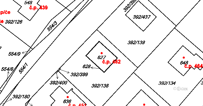 Všeruby 452 na parcele st. 627 v KÚ Všeruby u Plzně, Katastrální mapa