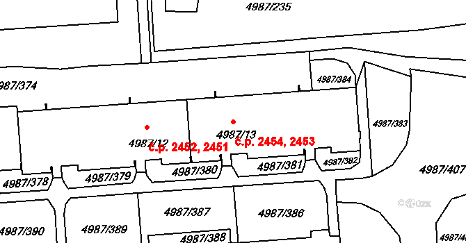 Louny 2453,2454 na parcele st. 4987/13 v KÚ Louny, Katastrální mapa
