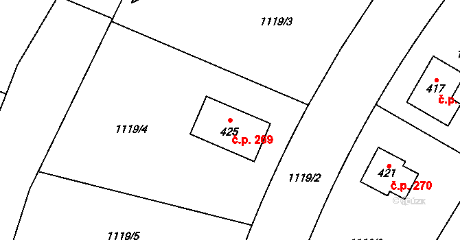Chodouň 269 na parcele st. 425 v KÚ Chodouň, Katastrální mapa