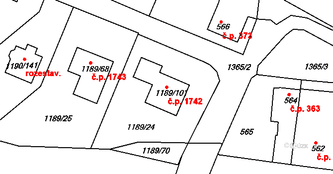 Hostivice 1742 na parcele st. 1189/101 v KÚ Hostivice, Katastrální mapa