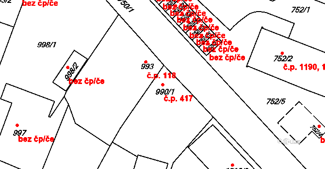 Kostelec nad Orlicí 417 na parcele st. 990/1 v KÚ Kostelec nad Orlicí, Katastrální mapa
