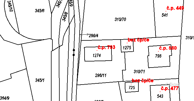 Prštné 793, Zlín na parcele st. 1274 v KÚ Prštné, Katastrální mapa