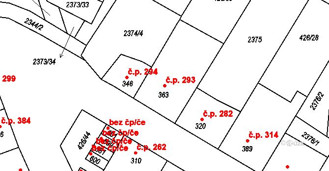 Křepice 293 na parcele st. 363 v KÚ Křepice u Hustopečí, Katastrální mapa