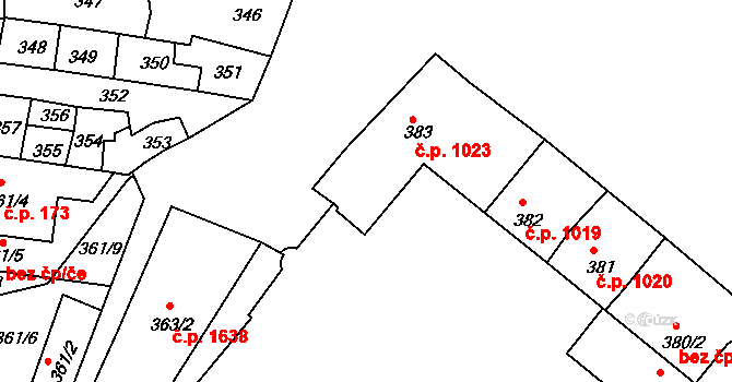 Holešov 1023 na parcele st. 383/2 v KÚ Holešov, Katastrální mapa
