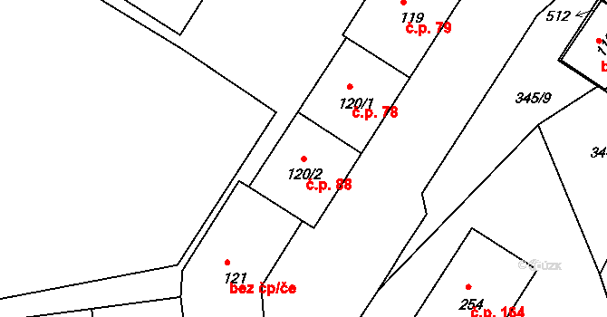 Merklín 88 na parcele st. 120/2 v KÚ Merklín u Karlových Var, Katastrální mapa
