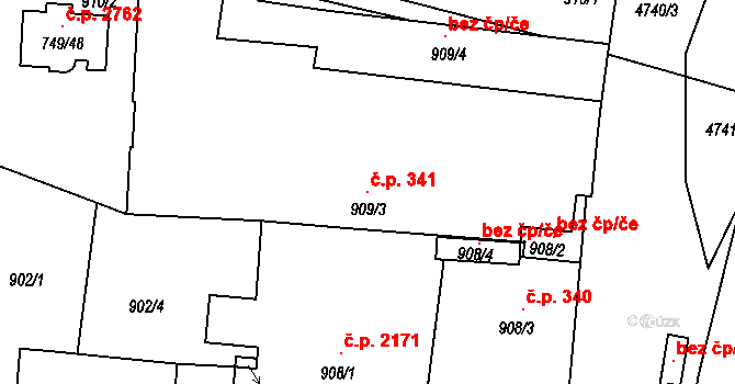 České Budějovice 3 341, České Budějovice na parcele st. 909/3 v KÚ České Budějovice 3, Katastrální mapa