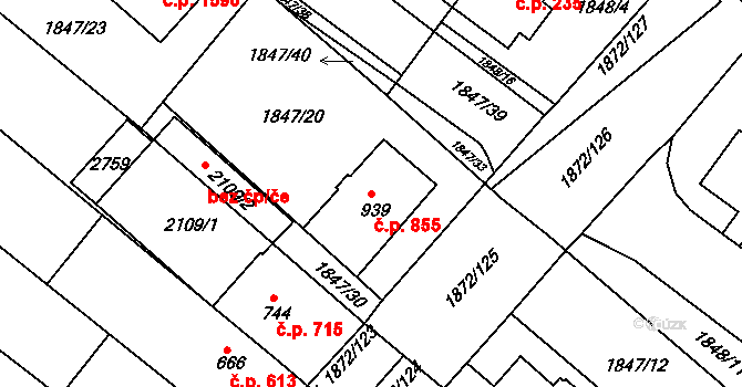 Tišnov 855 na parcele st. 939 v KÚ Tišnov, Katastrální mapa