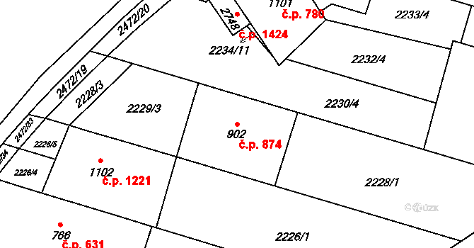 Kyjov 874 na parcele st. 902 v KÚ Kyjov, Katastrální mapa