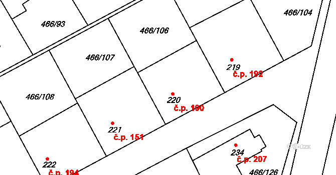 Broumy 190 na parcele st. 220 v KÚ Broumy, Katastrální mapa