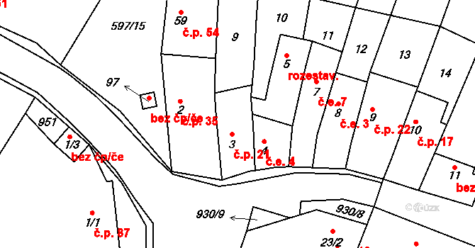 Přestavlky 21 na parcele st. 3 v KÚ Přestavlky u Roudnice nad Labem, Katastrální mapa