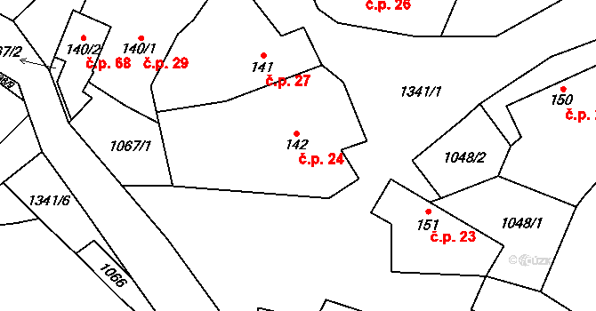 Podhorní Újezd 24, Podhorní Újezd a Vojice na parcele st. 142 v KÚ Podhorní Újezd, Katastrální mapa