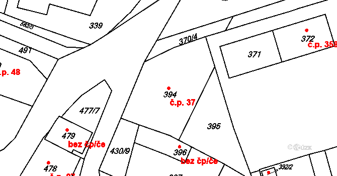 Miřetice u Klášterce nad Ohří 37, Klášterec nad Ohří na parcele st. 394 v KÚ Miřetice u Klášterce nad Ohří, Katastrální mapa