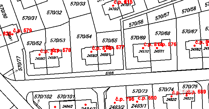 Borovina 577, Třebíč na parcele st. 2458/1 v KÚ Třebíč, Katastrální mapa