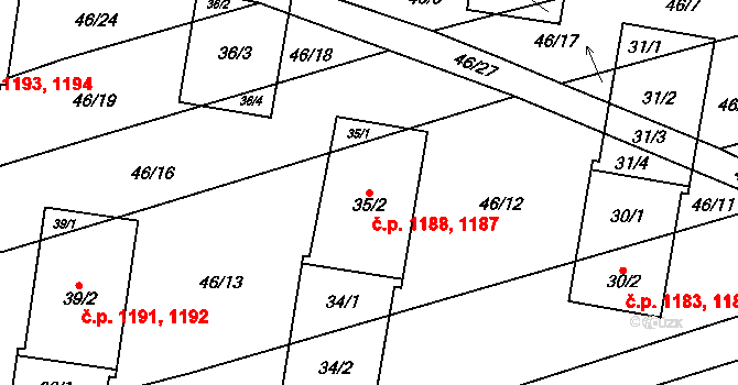 Řečkovice 1187,1188, Brno na parcele st. 35/2 v KÚ Řečkovice, Katastrální mapa