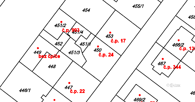 Kamýk 24, Praha na parcele st. 450 v KÚ Kamýk, Katastrální mapa