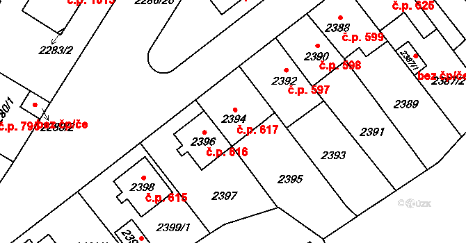 Radotín 617, Praha na parcele st. 2394 v KÚ Radotín, Katastrální mapa