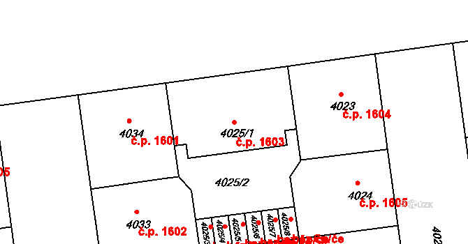 Žižkov 1603, Praha na parcele st. 4025/1 v KÚ Žižkov, Katastrální mapa