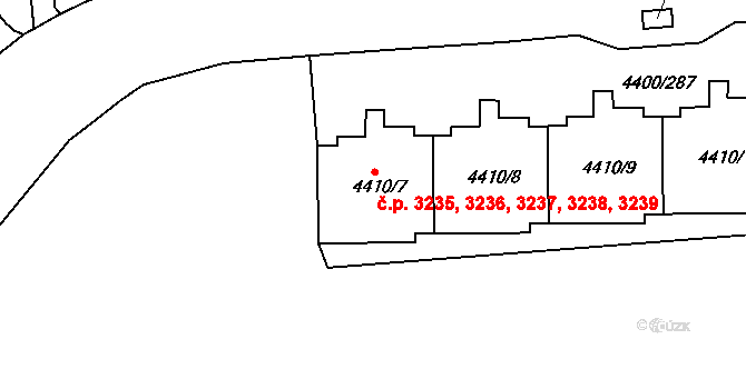 Modřany 3235,3236,3237,3238,, Praha na parcele st. 4410/11 v KÚ Modřany, Katastrální mapa