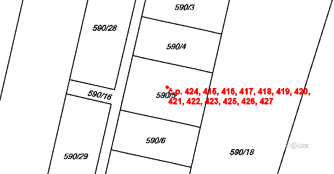 Bohnice 415,416,417,418,419,, Praha na parcele st. 590/5 v KÚ Bohnice, Katastrální mapa