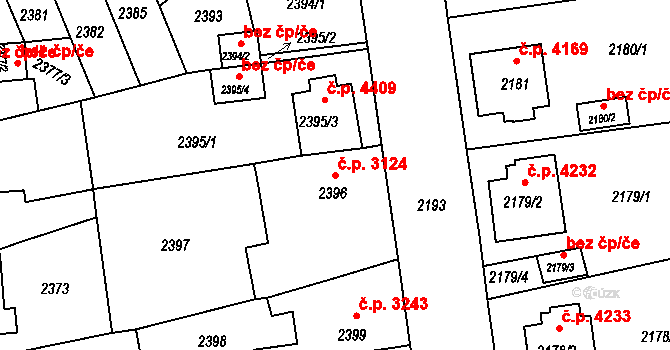 Chomutov 3124 na parcele st. 2396 v KÚ Chomutov II, Katastrální mapa