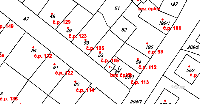 Újezdské Předměstí 115, Bílina na parcele st. 53 v KÚ Bílina-Újezd, Katastrální mapa