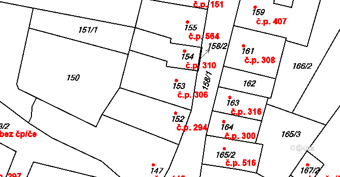 Blučina 306 na parcele st. 153 v KÚ Blučina, Katastrální mapa