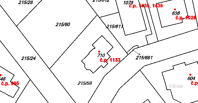 Rudná 1133 na parcele st. 710 v KÚ Hořelice, Katastrální mapa