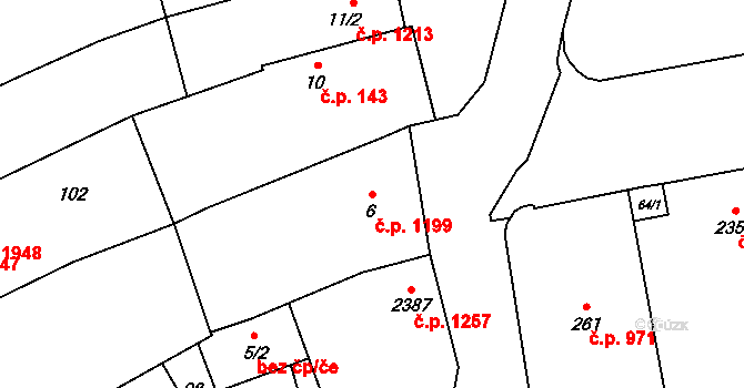 Malenovice 1199, Zlín na parcele st. 6 v KÚ Malenovice u Zlína, Katastrální mapa