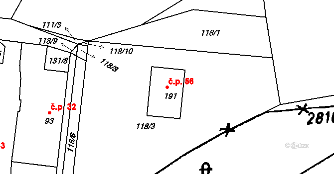 Lhotice 56, Lišov na parcele st. 191 v KÚ Lhotice u Českých Budějovic, Katastrální mapa