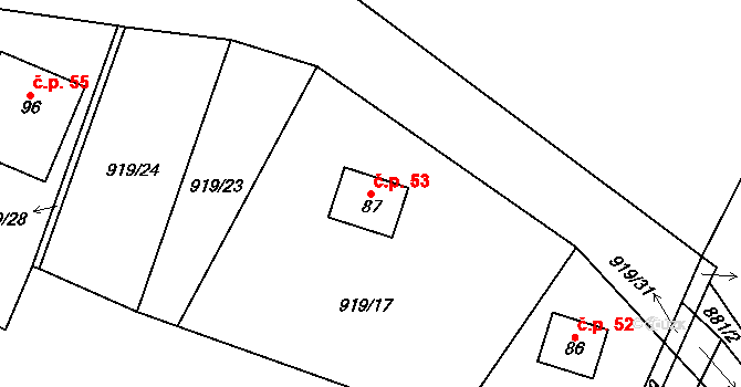 Lhota u Lysic 53 na parcele st. 87 v KÚ Lhota u Lysic, Katastrální mapa