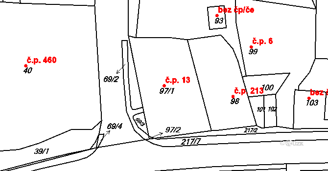 Zádveřice 13, Zádveřice-Raková na parcele st. 97/1 v KÚ Zádveřice, Katastrální mapa