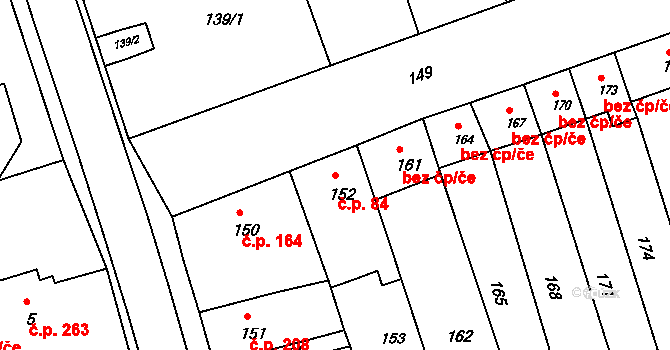 Hrušky 84 na parcele st. 152 v KÚ Hrušky u Brna, Katastrální mapa