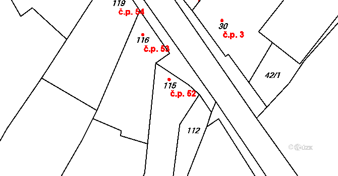 Drysice 52 na parcele st. 115 v KÚ Drysice, Katastrální mapa