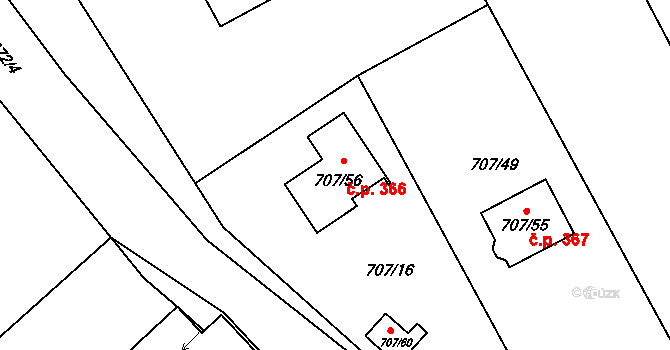 Černé Budy 366, Sázava na parcele st. 707/56 v KÚ Černé Budy, Katastrální mapa
